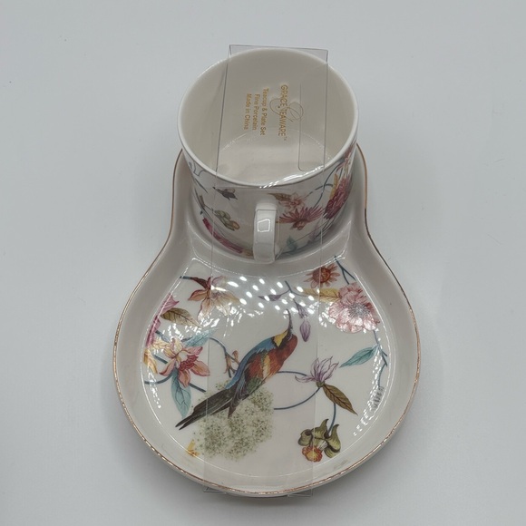 Floral Porcelain Tea Cup and Snack Set-Floral and Hummingbird Design-NEW - Picture 2 of 5